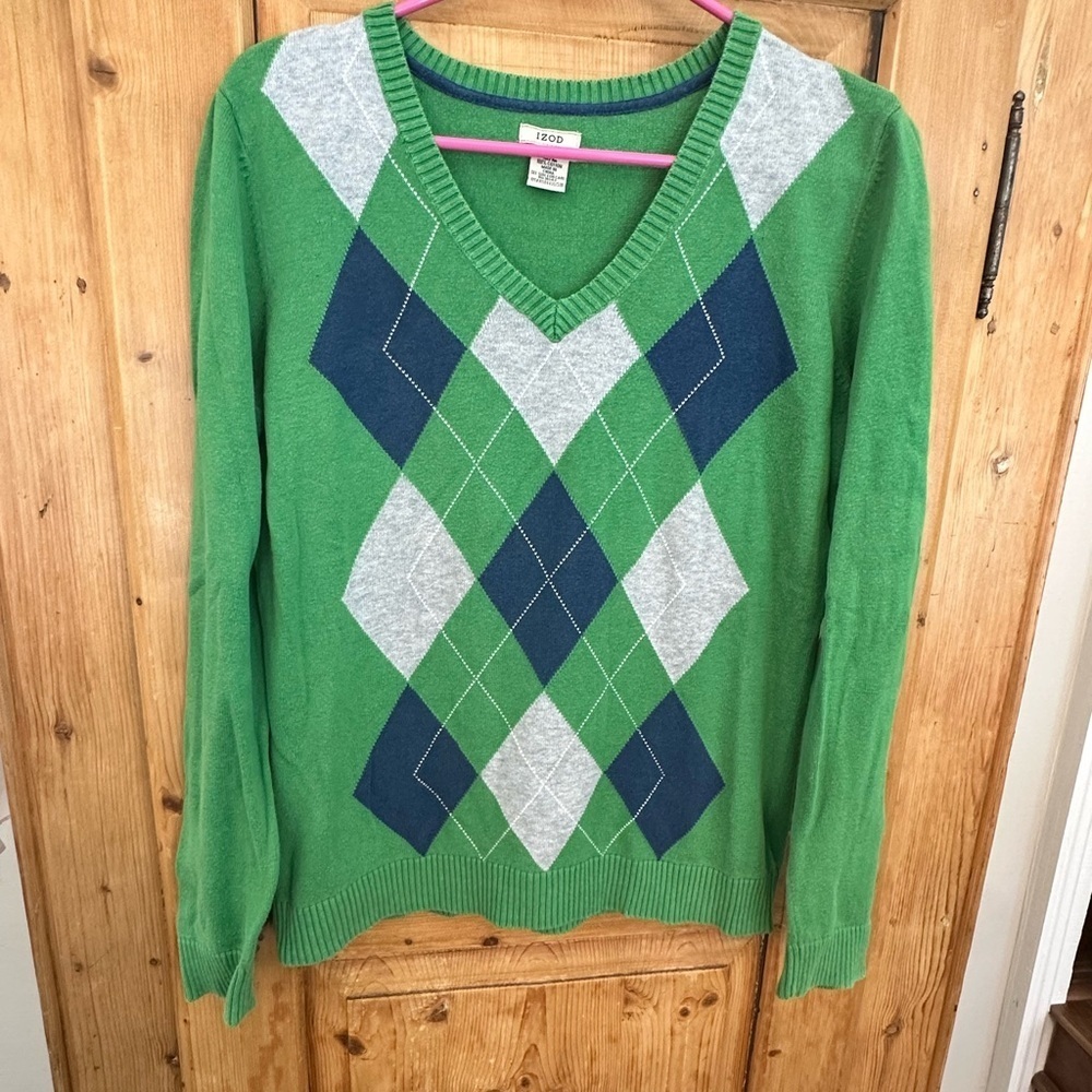 Izod V Neck Argyle Sweater Green Long Sleeve 100% Cotton Size Medium